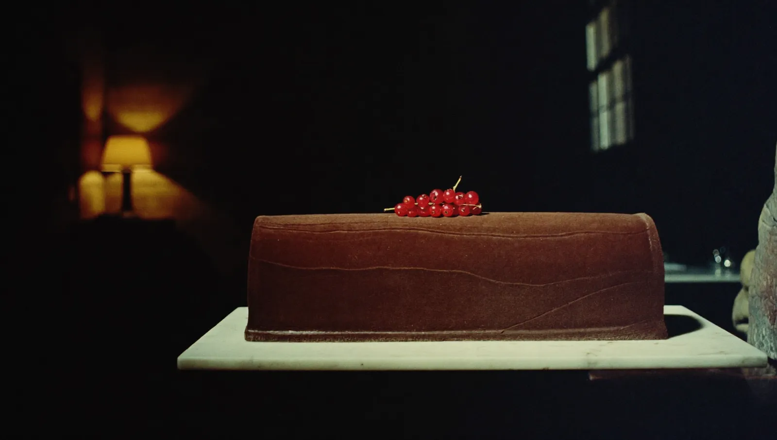 Bûche de Noël sur un marbre, laboratoire la nuit